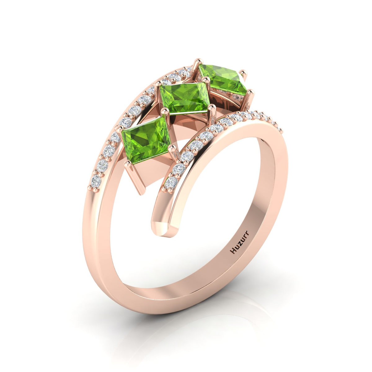 Princess-Cut Peridot Rose Gold Plated Three Stone Ring