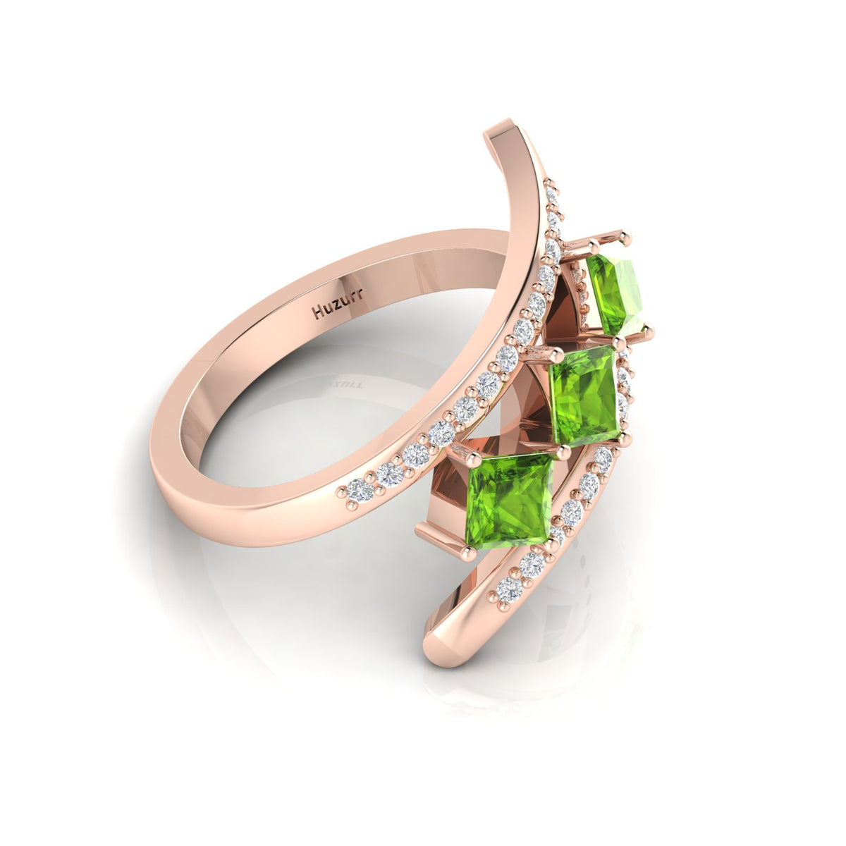 Princess-Cut Peridot Rose Gold Plated Three Stone Ring