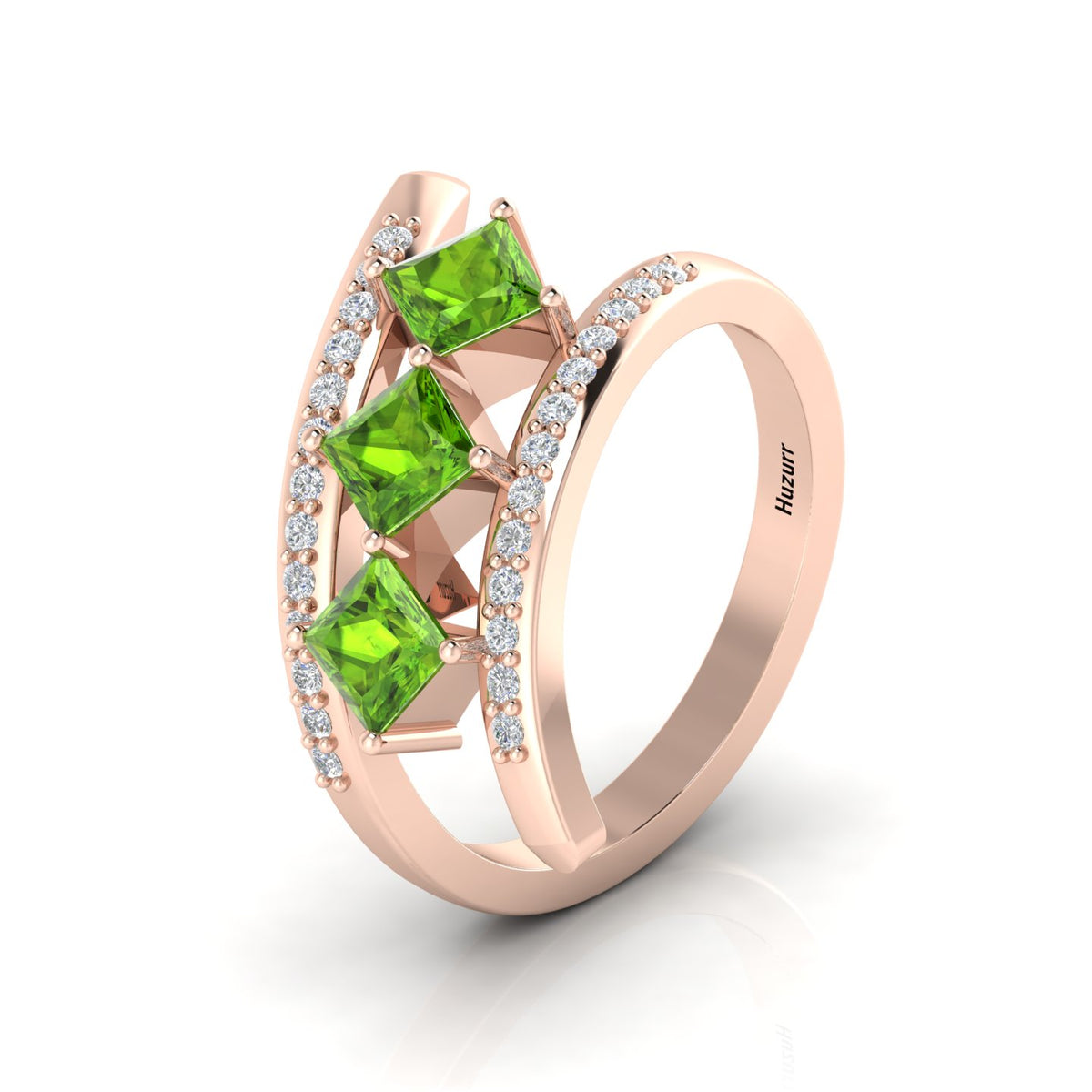 Princess-Cut Peridot Rose Gold Plated Three Stone Ring