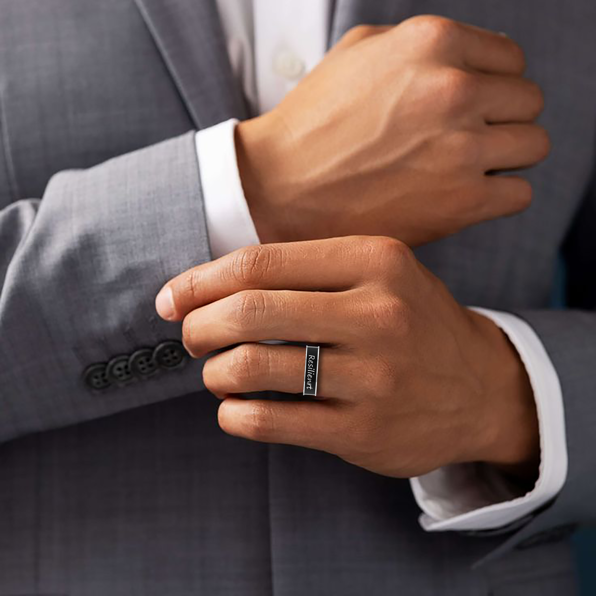 Personalized Black Enamel Band Silver Resilienrt Ring