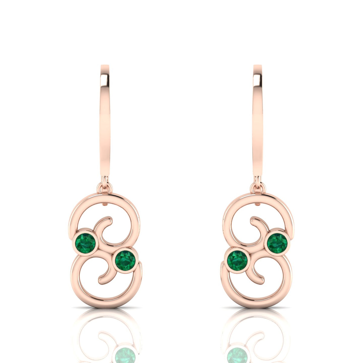 Rose Gold Plated Wire Hook Drop Round Emerald Earrings