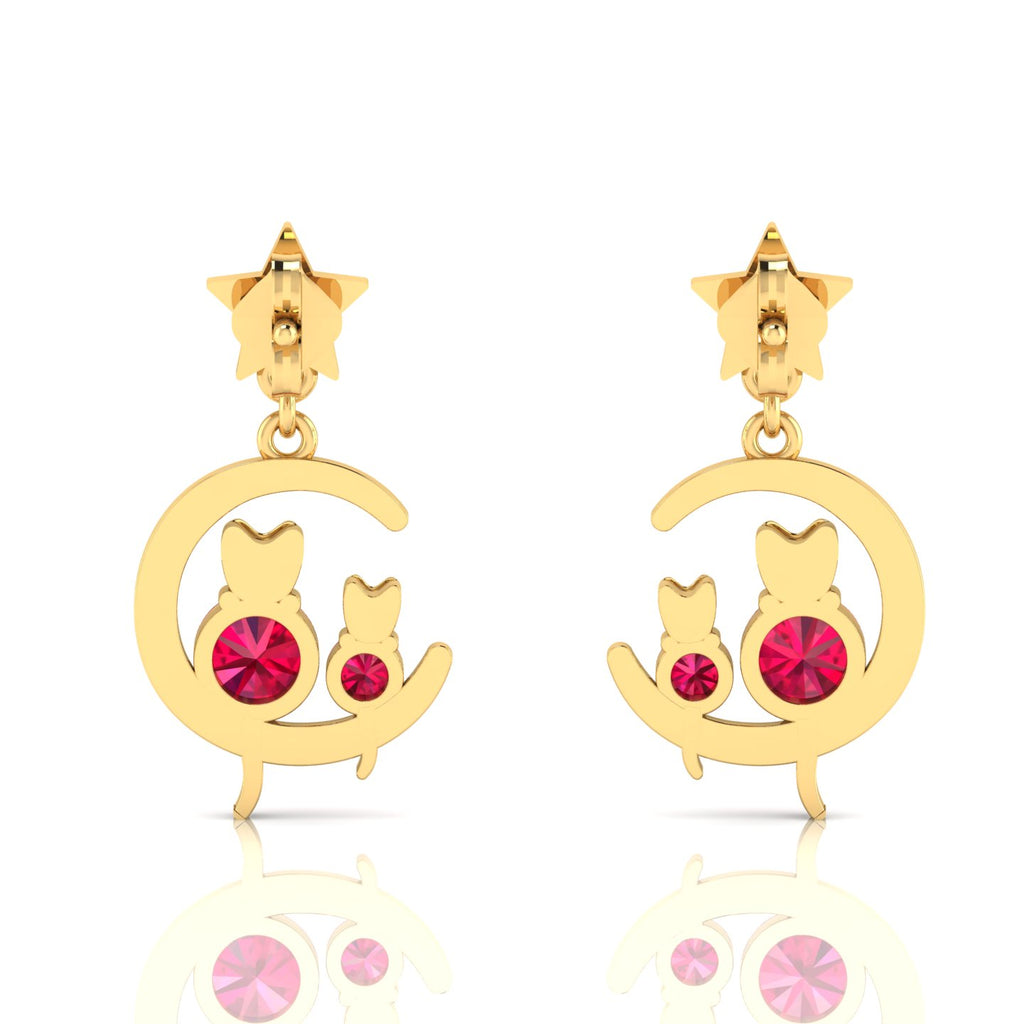 Star Cat On Moon Ruby & Diamond Gold Plated Drop Earrings