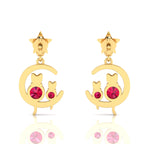 Star Cat On Moon Ruby & Diamond Gold Plated Drop Earrings