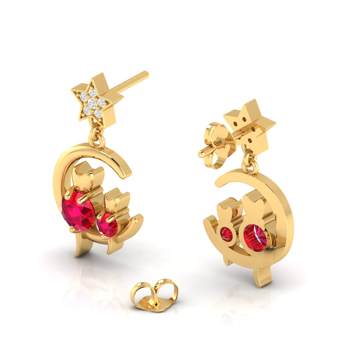 Star Cat On Moon Ruby & Diamond Gold Plated Drop Earrings