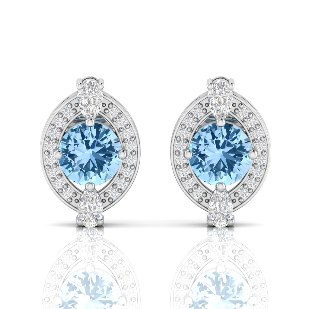 Cluster Sterling Silver Blue Sapphire & Diamond Studs Earrings