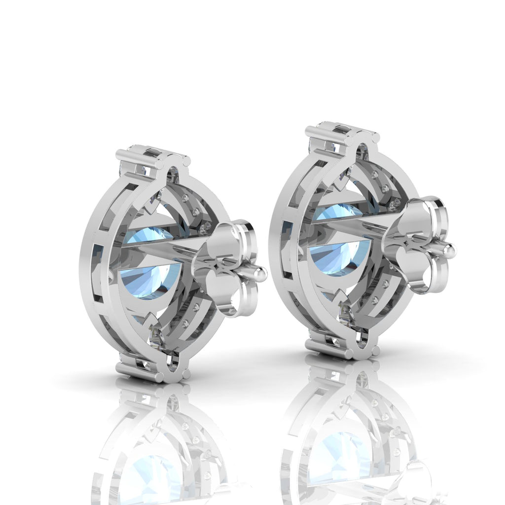 Cluster Sterling Silver Blue Sapphire & Diamond Studs Earrings