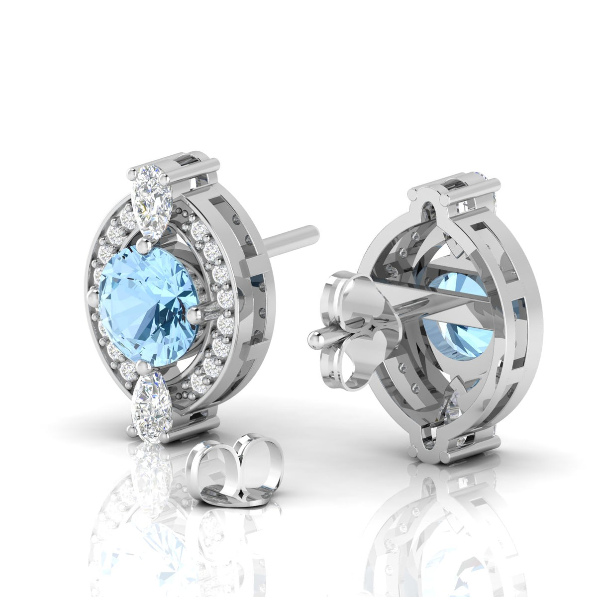 Cluster Sterling Silver Blue Sapphire & Diamond Studs Earrings