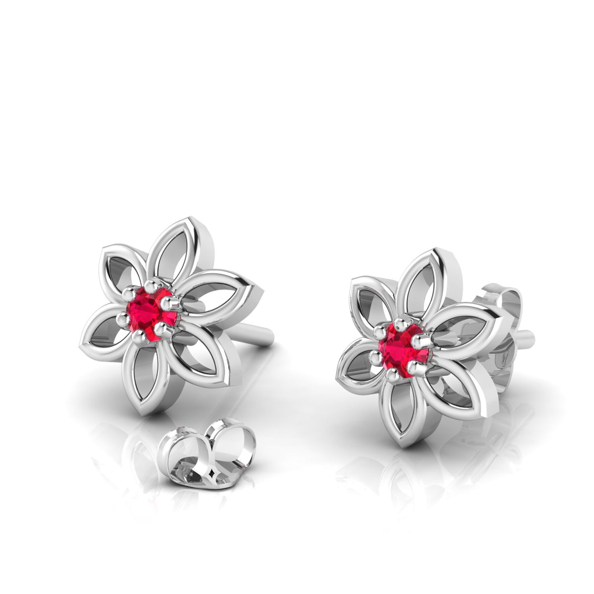 Sterling Silver Floral Studs Ruby Earrings