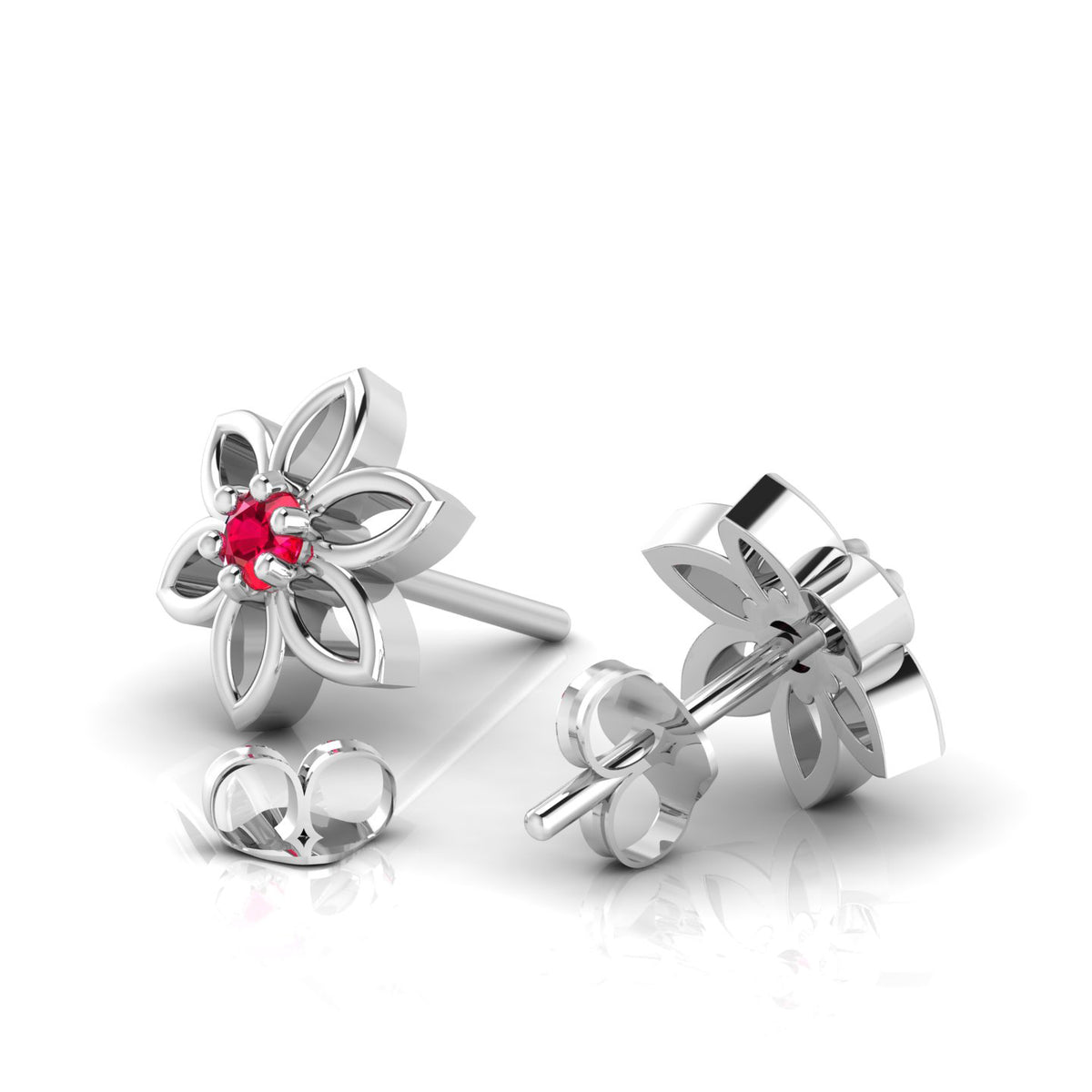 Sterling Silver Floral Studs Ruby Earrings