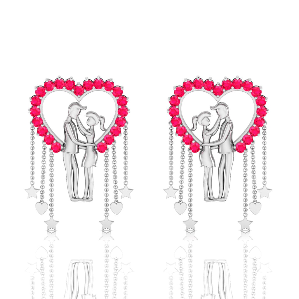 Sterling Silver Couple Heart Ruby Hanging Earrings