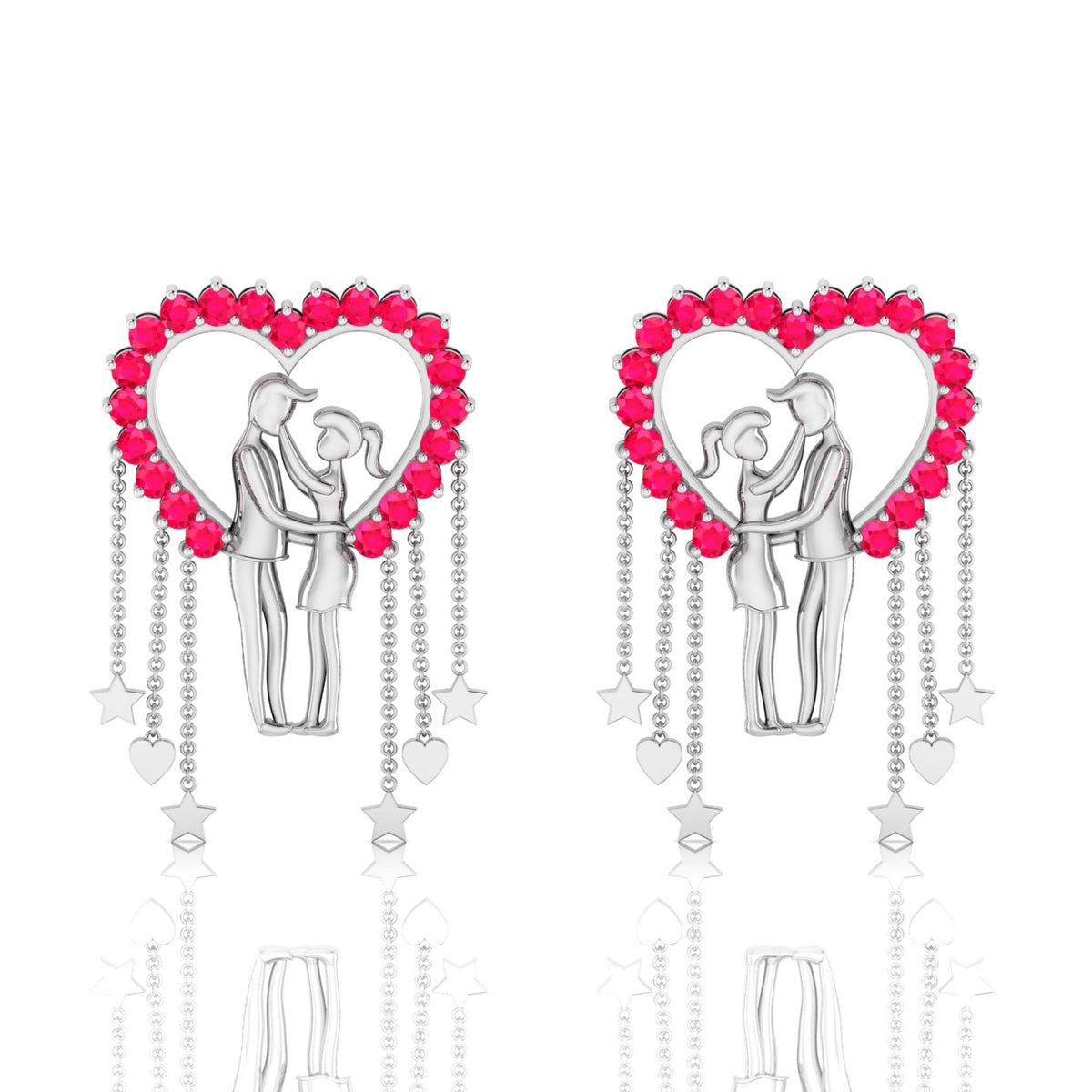 Sterling Silver Couple Heart Ruby Hanging Earrings