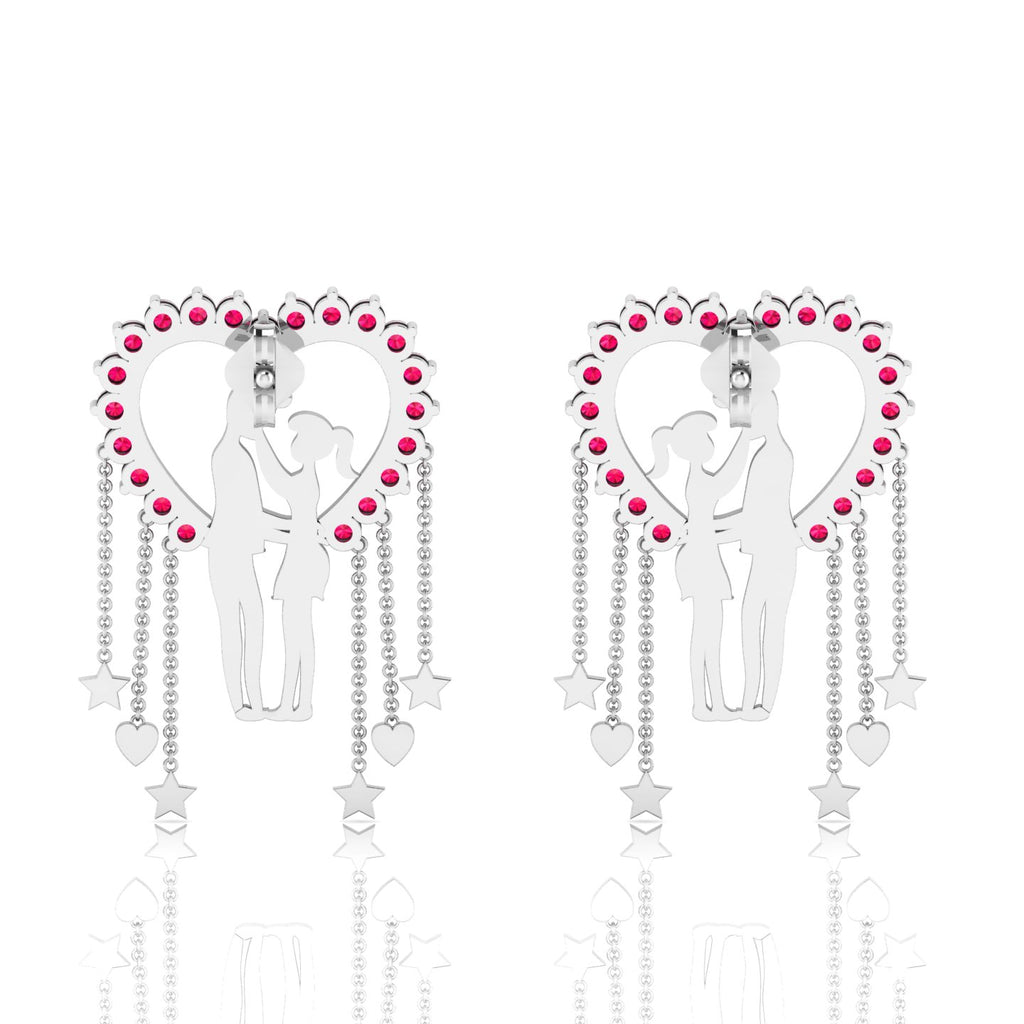 Sterling Silver Couple Heart Ruby Hanging Earrings