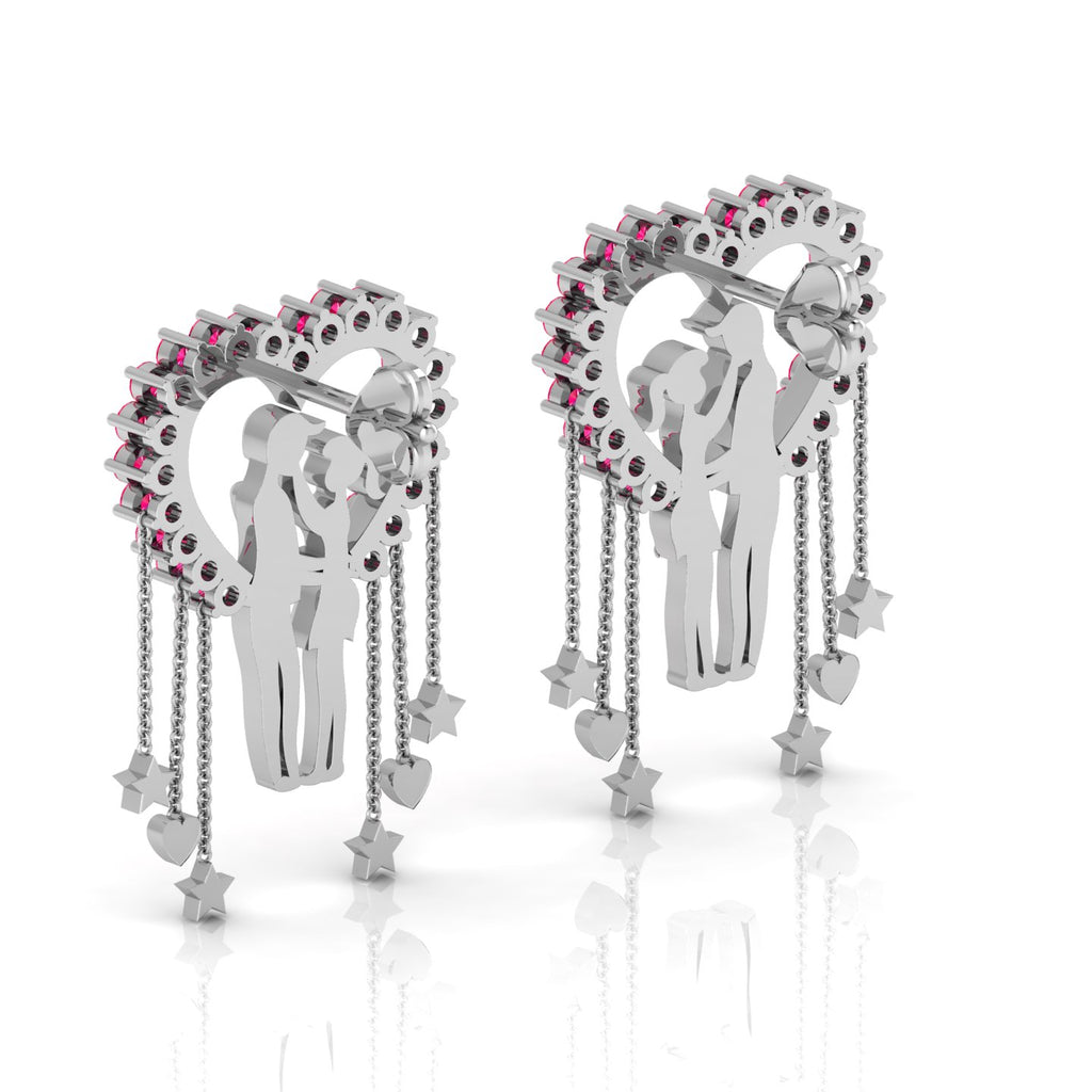 Sterling Silver Couple Heart Ruby Hanging Earrings