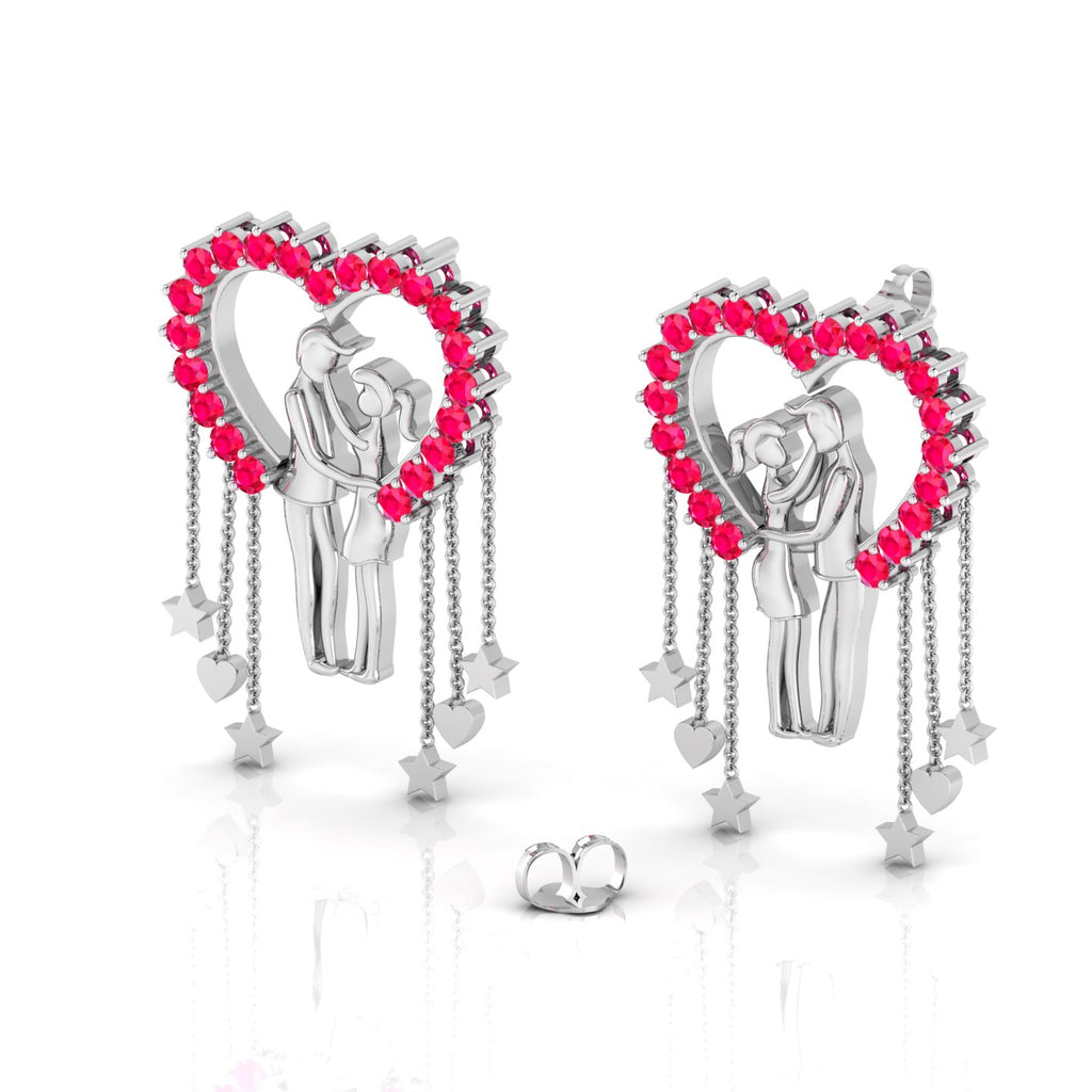 Sterling Silver Couple Heart Ruby Hanging Earrings