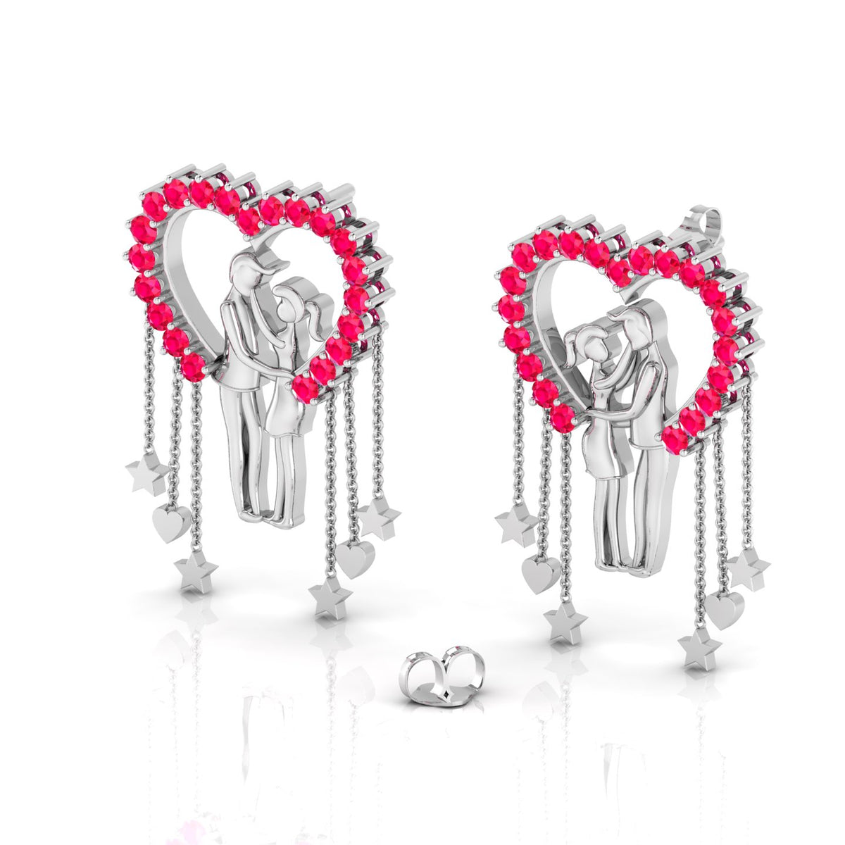 Sterling Silver Couple Heart Ruby Hanging Earrings