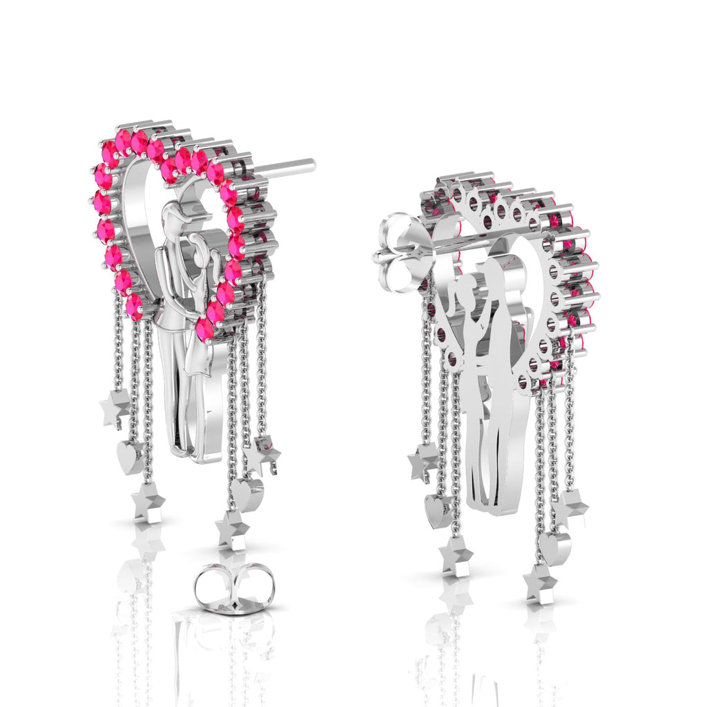 Sterling Silver Couple Heart Ruby Hanging Earrings