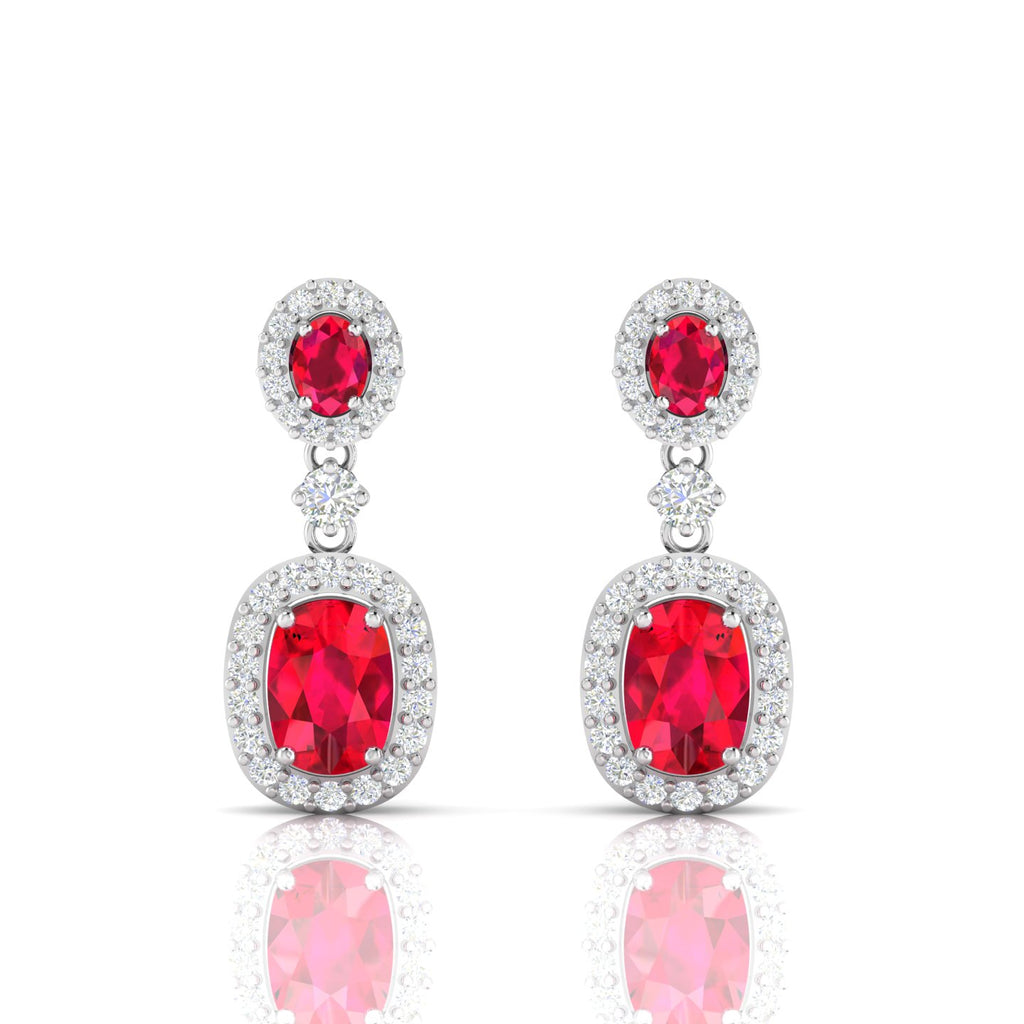 Sterling Silver Ruby Dangle Earrings with Diamond Halo