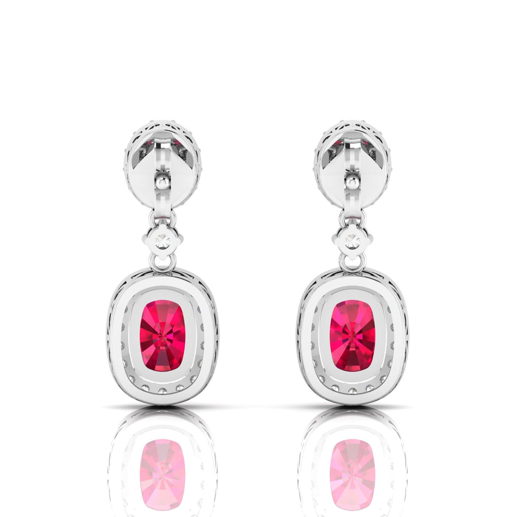 Sterling Silver Ruby Dangle Earrings with Diamond Halo