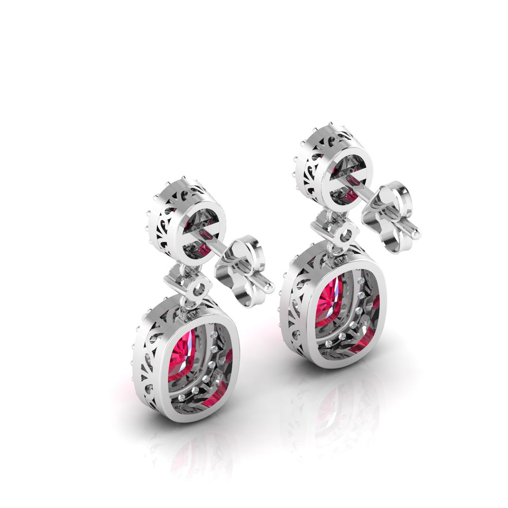 Sterling Silver Ruby Dangle Earrings with Diamond Halo