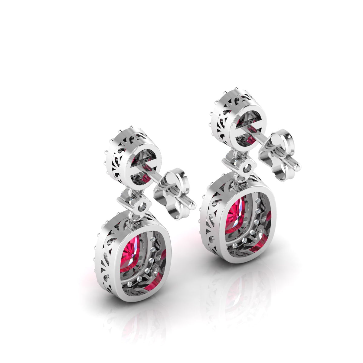 Sterling Silver Ruby Dangle Earrings with Diamond Halo