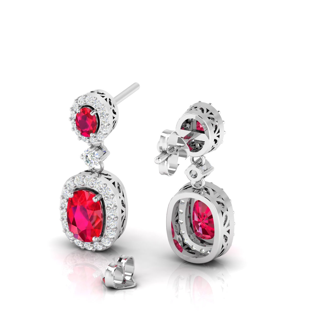Sterling Silver Ruby Dangle Earrings with Diamond Halo