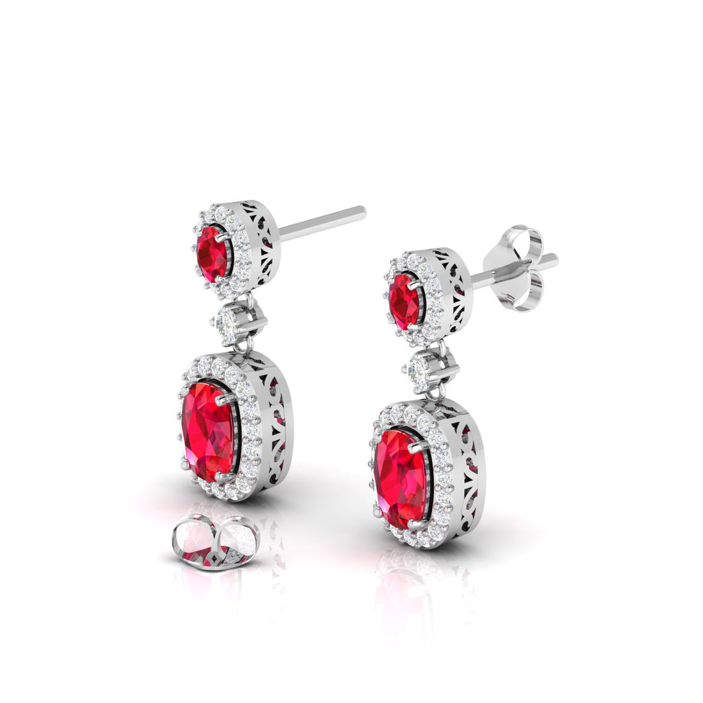 Sterling Silver Ruby Dangle Earrings with Diamond Halo