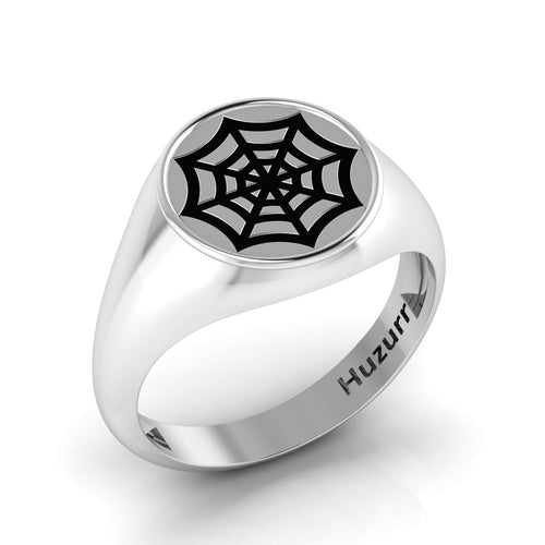 Black Enamel Spider Net Engraved Classic Signet Sterling Silver Ring