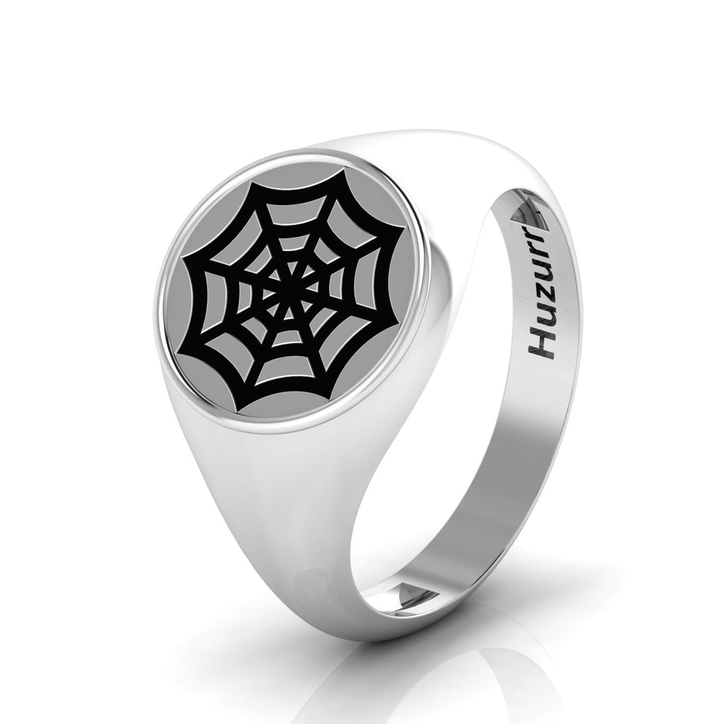 Black Enamel Spider Net Engraved Classic Signet Sterling Silver Ring