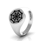 Black Enamel Spider Net Engraved Classic Signet Sterling Silver Ring