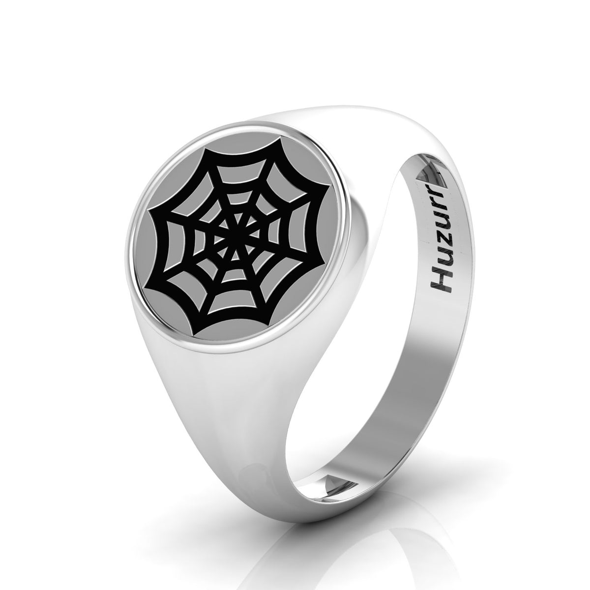 Black Enamel Spider Net Engraved Classic Signet Sterling Silver Ring