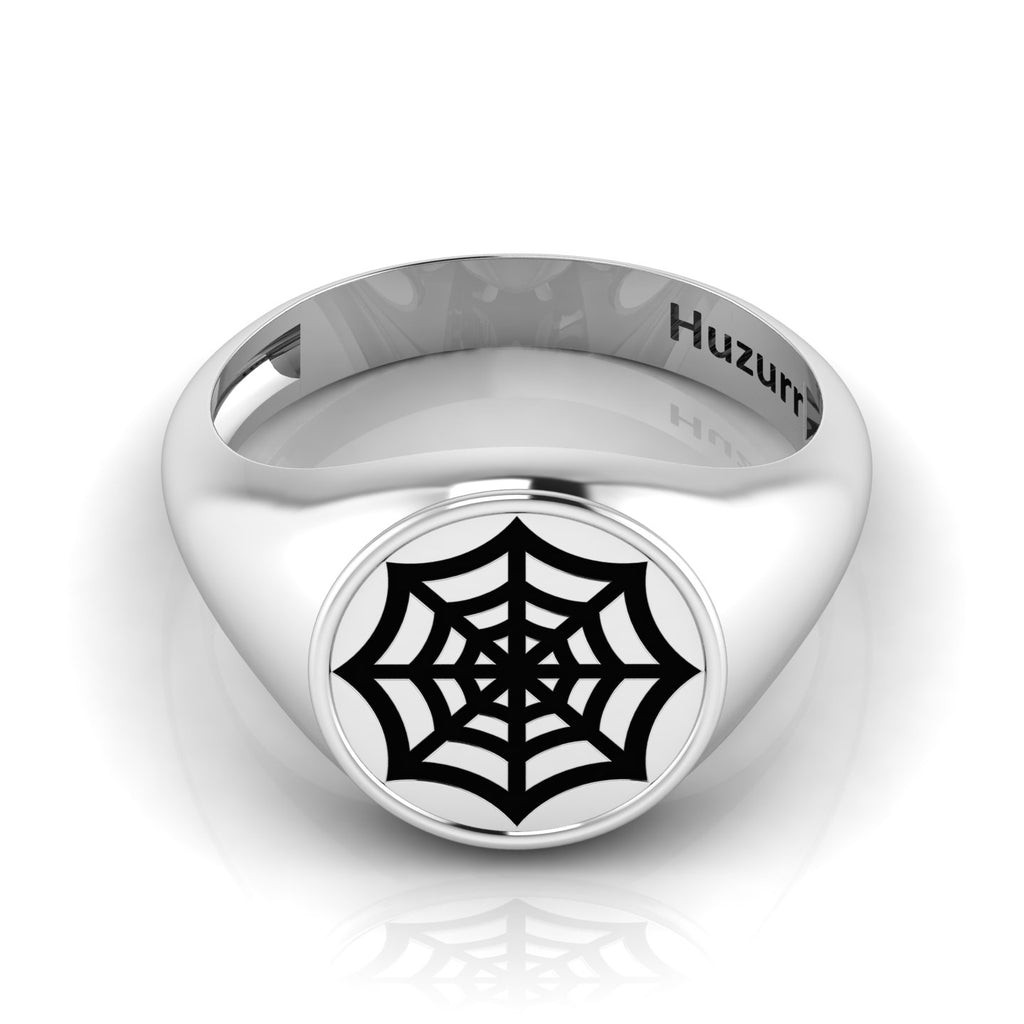 Black Enamel Spider Net Engraved Classic Signet Sterling Silver Ring