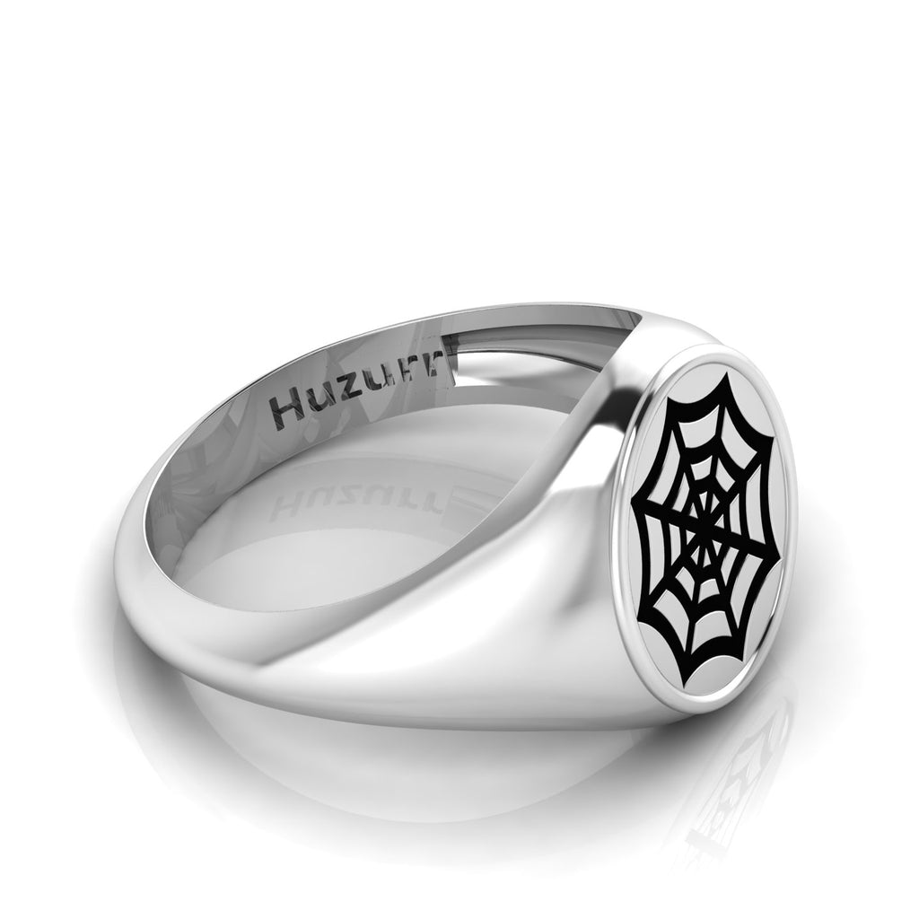 Black Enamel Spider Net Engraved Classic Signet Sterling Silver Ring