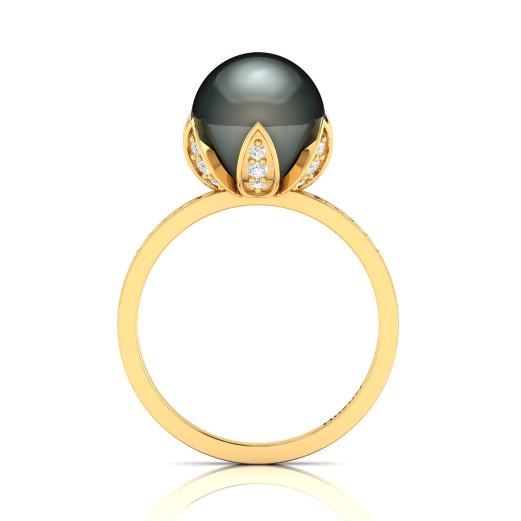 Classy Round Tahitian Pearl With Moissanite Vintage Gold Plated Ring