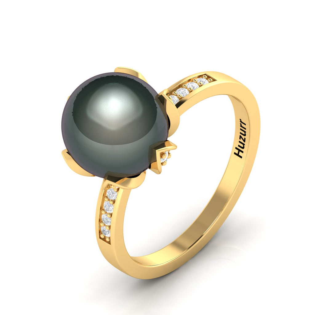 Classy Round Tahitian Pearl With Moissanite Vintage Gold Plated Ring