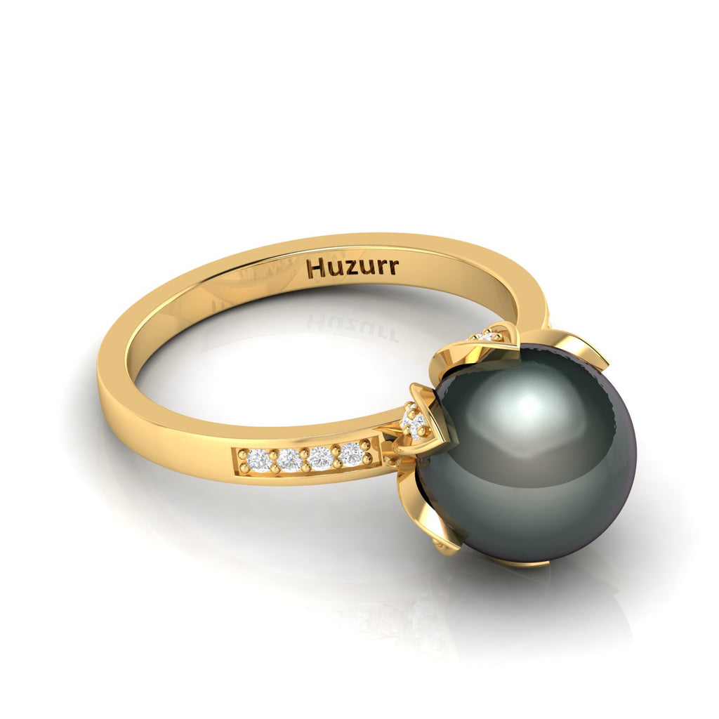 Classy Round Tahitian Pearl With Moissanite Vintage Gold Plated Ring