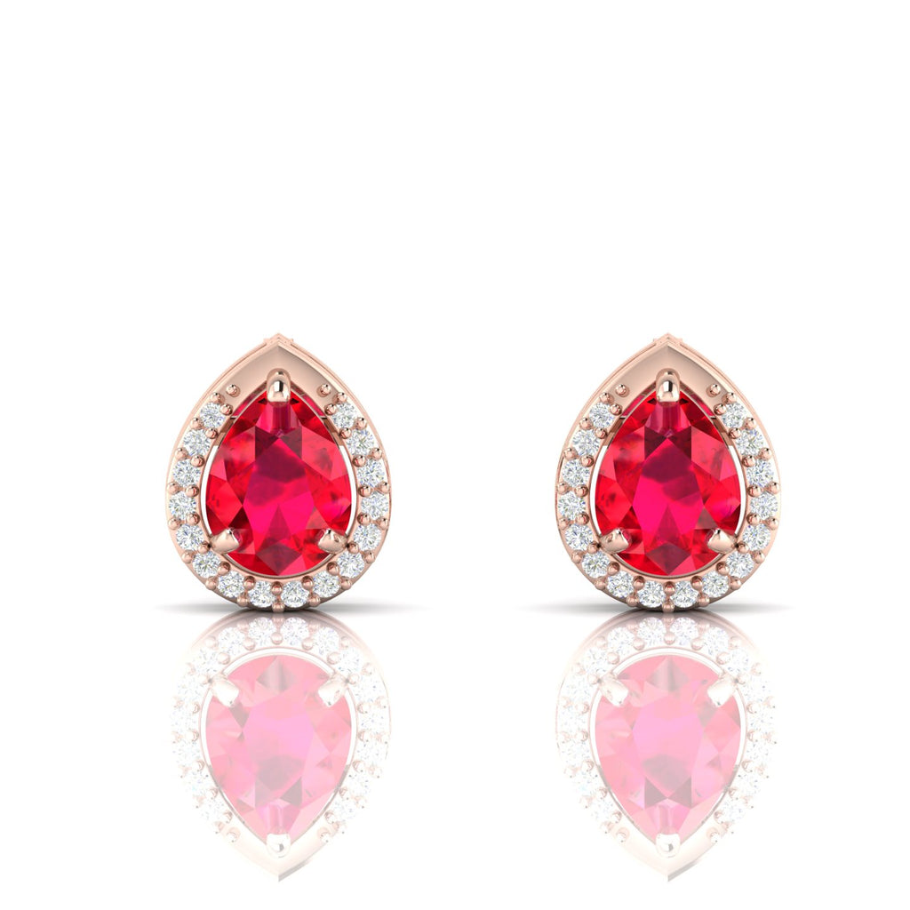 Pear-Cut Ruby & Diamond Rose Gold Plated Halo Stud Earrings