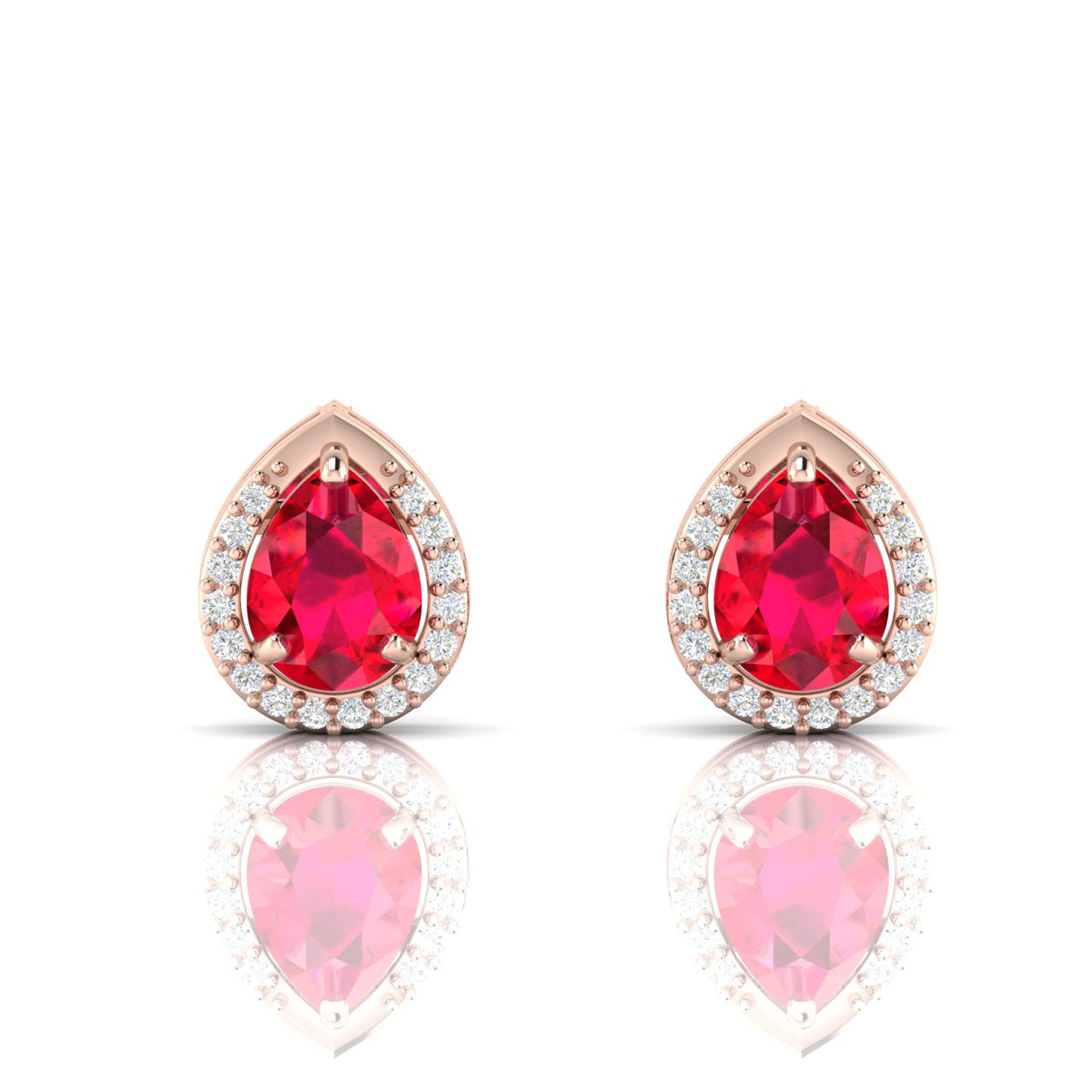 Pear-Cut Ruby & Diamond Rose Gold Plated Halo Stud Earrings