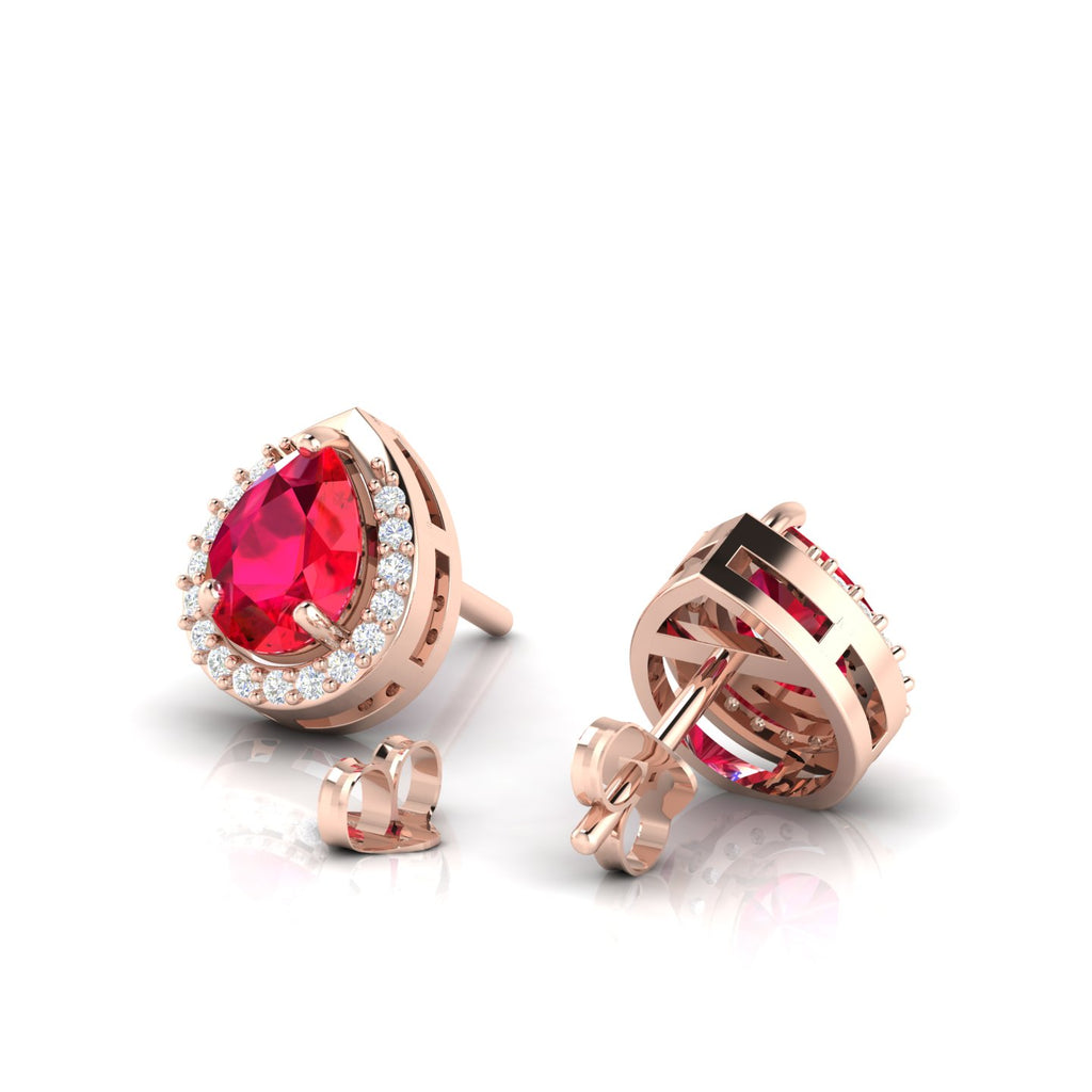 Pear-Cut Ruby & Diamond Rose Gold Plated Halo Stud Earrings