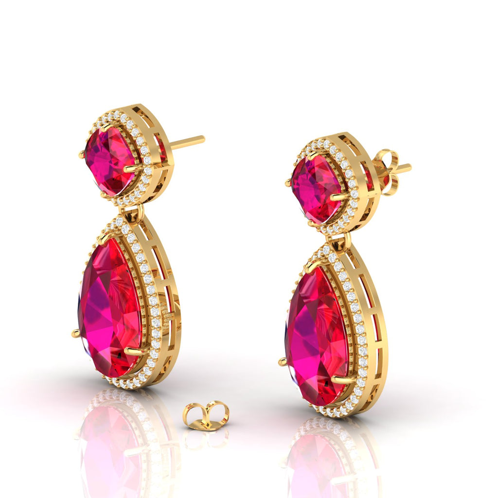 Gold Plated Ruby Dangle Tear Drop Earrings