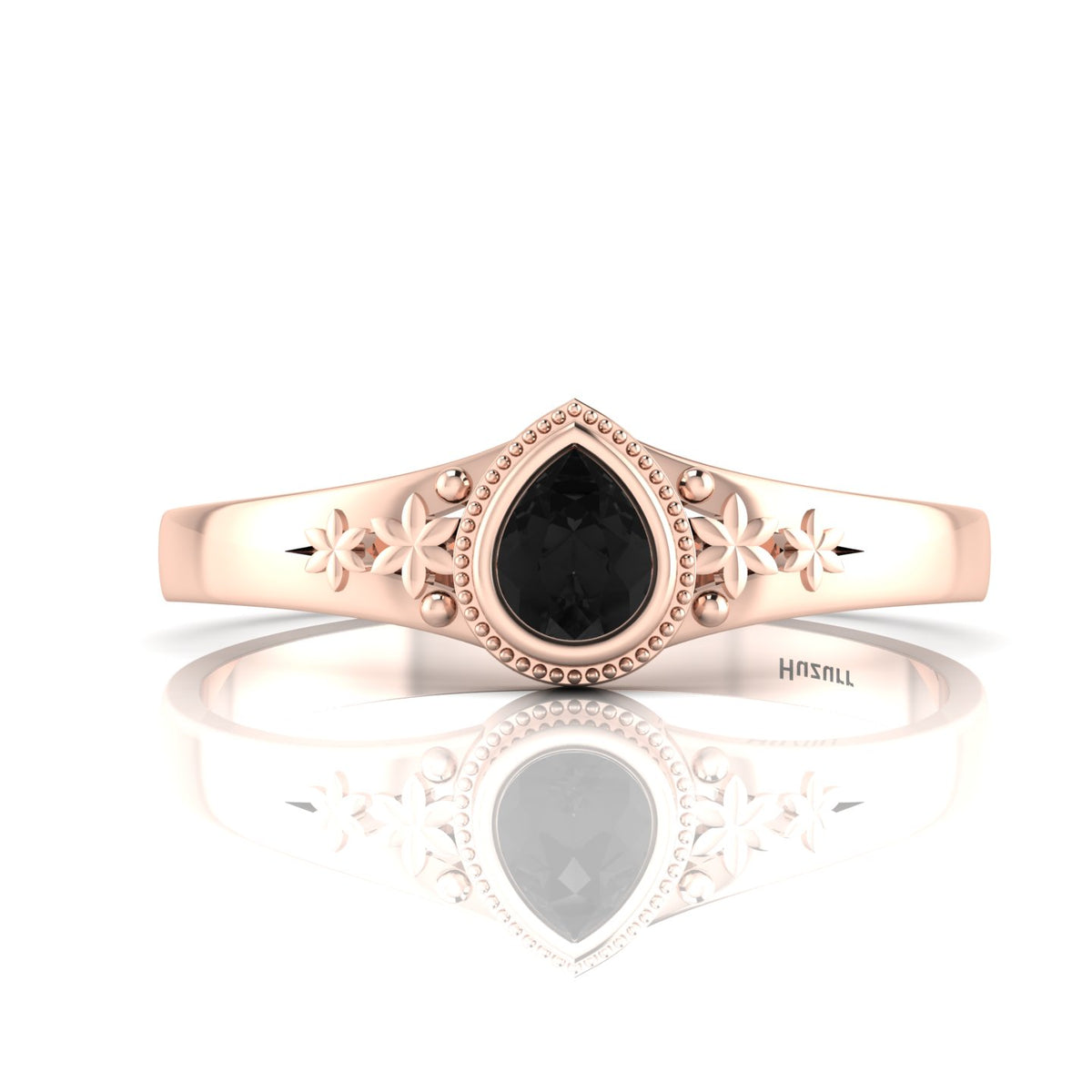 Tear Drop Style Black Diamond Flower Rose Gold Plated Solitaire Ring