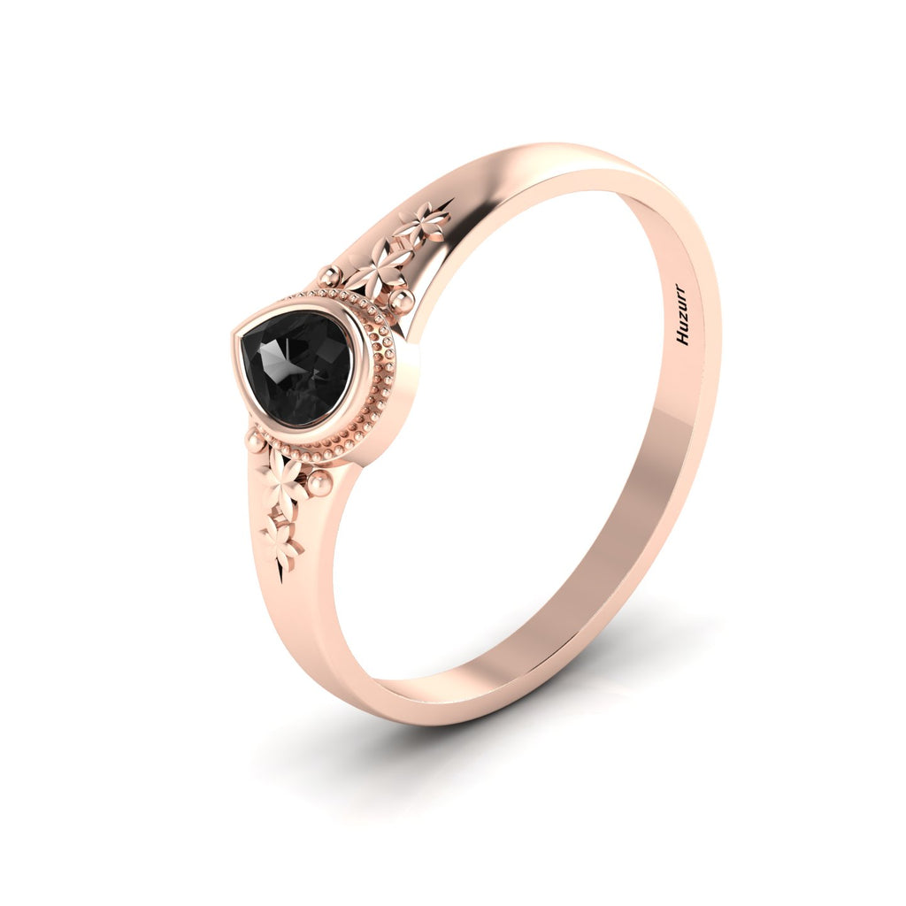 Tear Drop Style Black Diamond Flower Rose Gold Plated Solitaire Ring