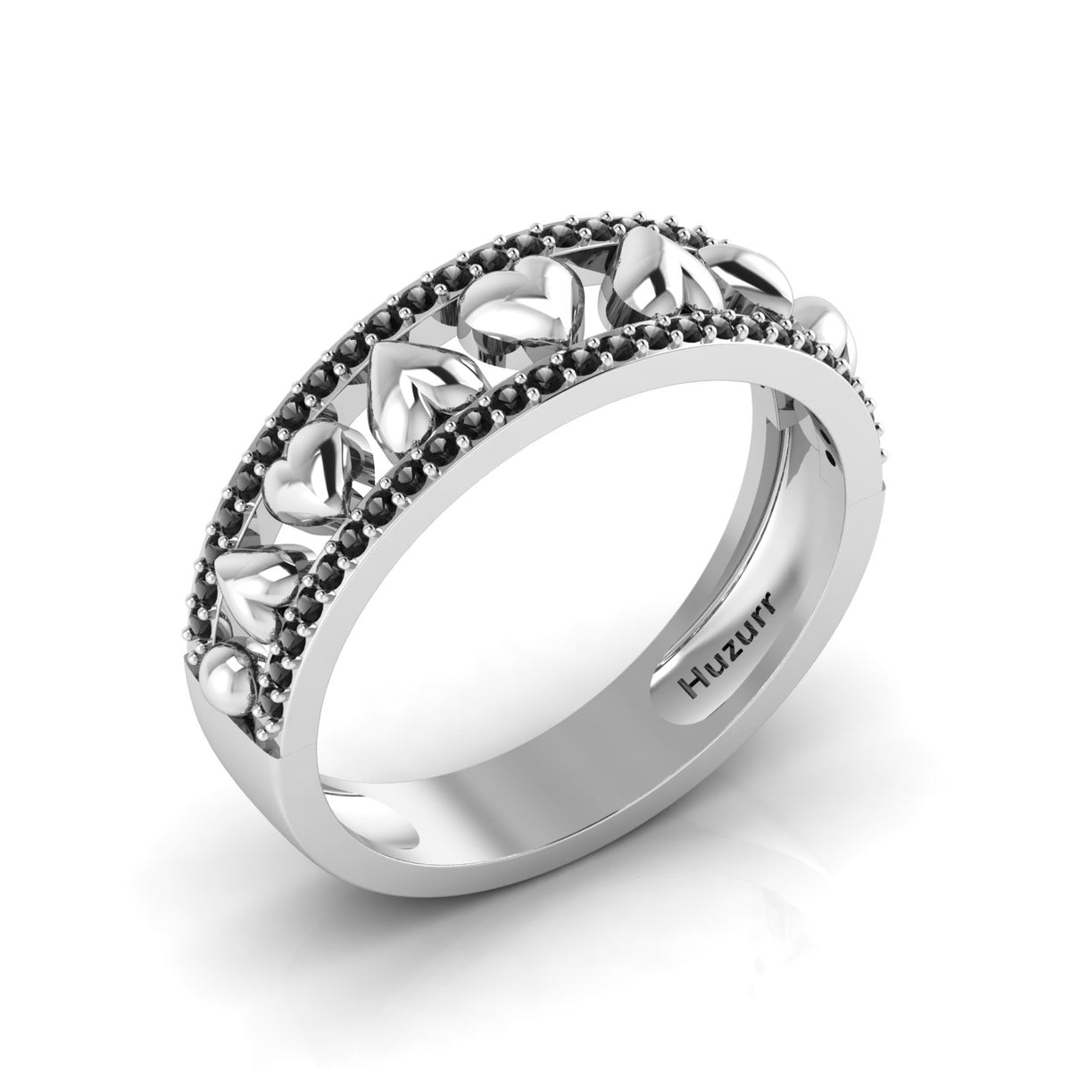 Round-Black Diamond Sterling Silver Heart Band Ring