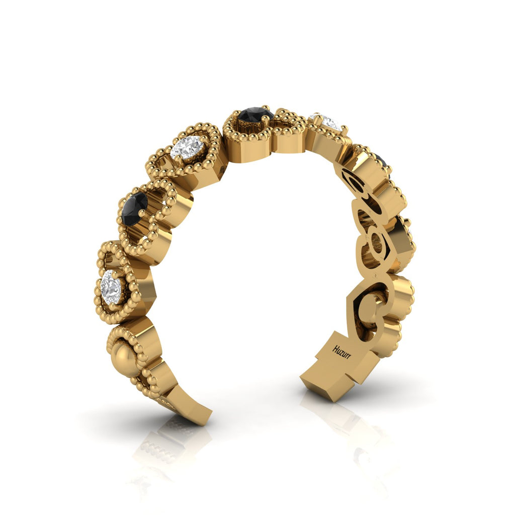 Gold Plated Heart-Style Round Black & White Diamond Adjustable Ring