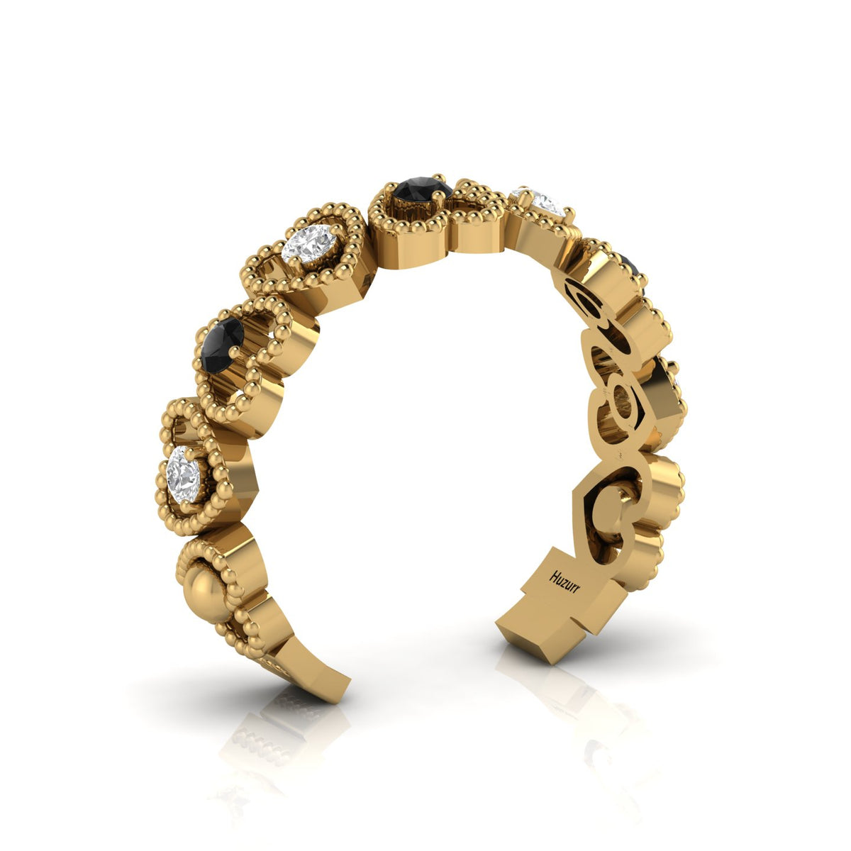 Gold Plated Heart-Style Round Black & White Diamond Adjustable Ring