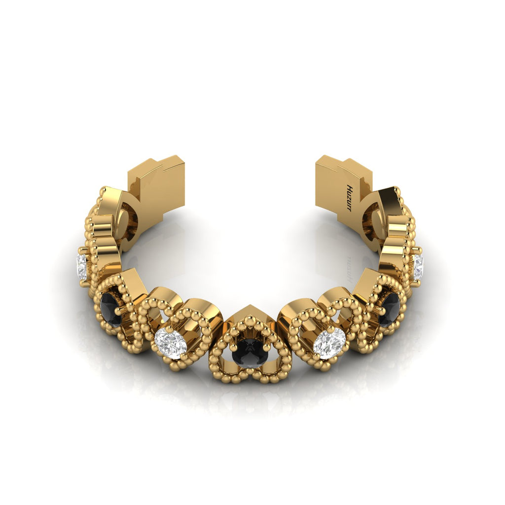 Gold Plated Heart-Style Round Black & White Diamond Adjustable Ring