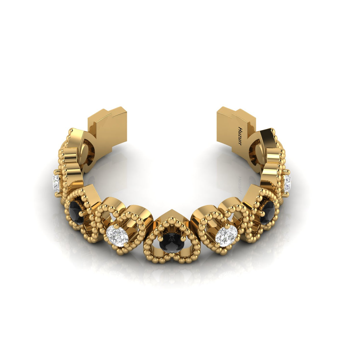 Gold Plated Heart-Style Round Black & White Diamond Adjustable Ring
