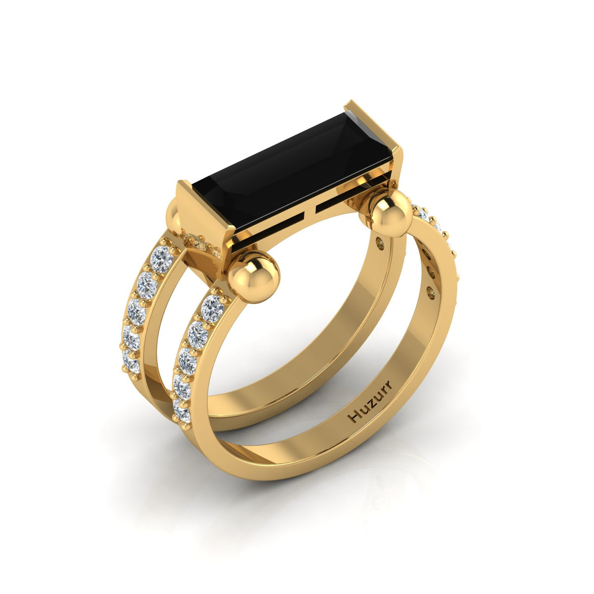 Parallel Split Baguette-Cut Black Diamond Solitaire Gold Plated Ring