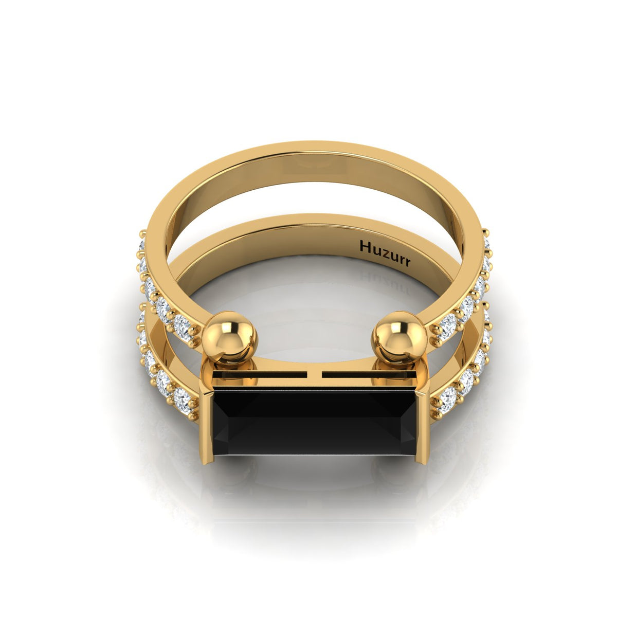 Parallel Split Baguette-Cut Black Diamond Solitaire Gold Plated Ring