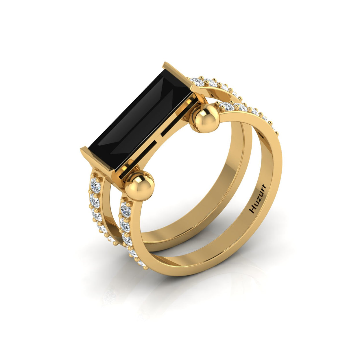 Parallel Split Baguette-Cut Black Diamond Solitaire Gold Plated Ring