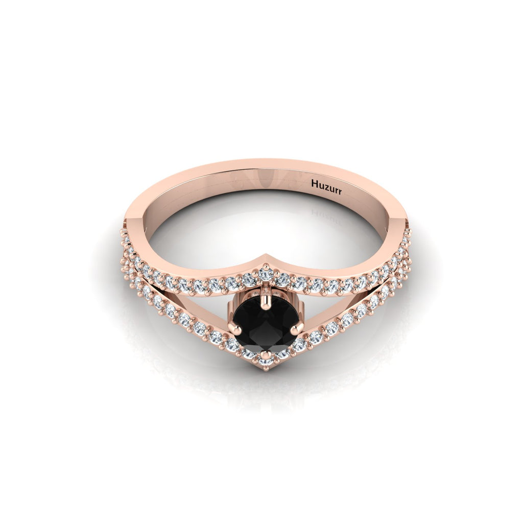 Wishbone Round Black & White Diamond Rose Gold Plated Solitaire Ring